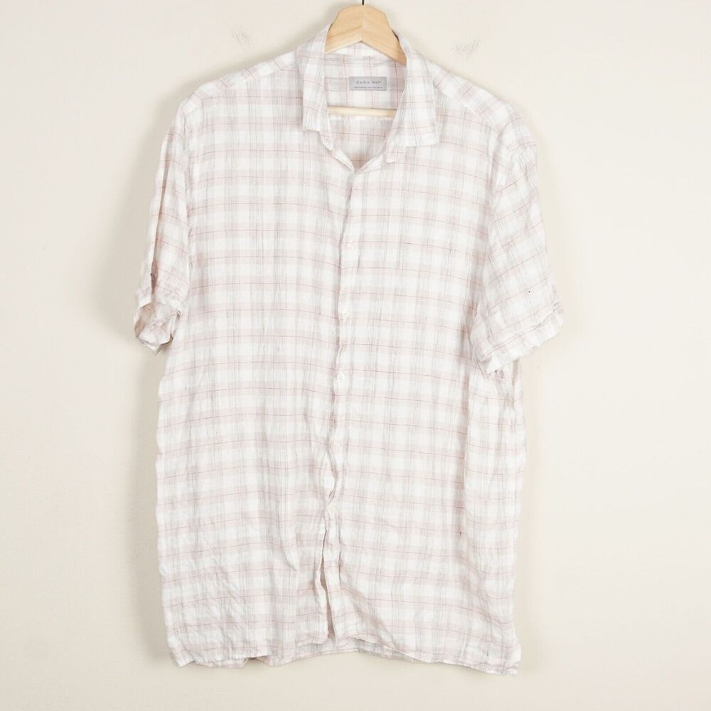 Zara Man 100% Linen Plaid Button Down Short Sleeve White Pink Shirt Mens Sz XL